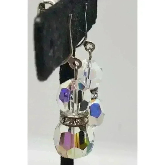 Vtg Earrings Clip Long Dangle Crystal Faceted AB Prism Balls Rhinestone Accent - Picture 3 of 8